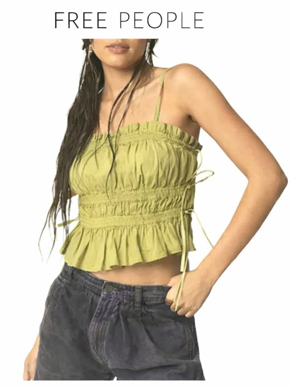 Free People Gabby Convertible Top Yellow Green Tiered Boho XS Summer Tank Fit